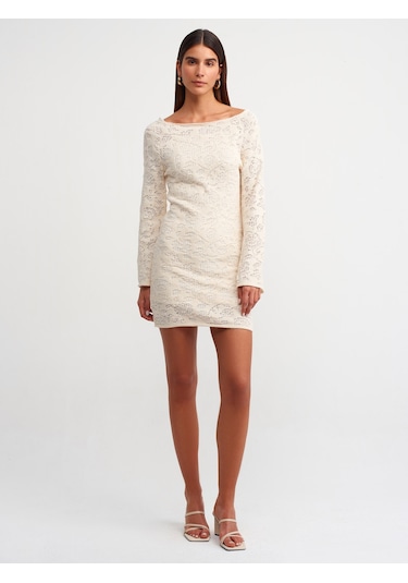 Dilvin Kayık Yaka İspanyol Kol Astarlı Triko Elbise Ekru