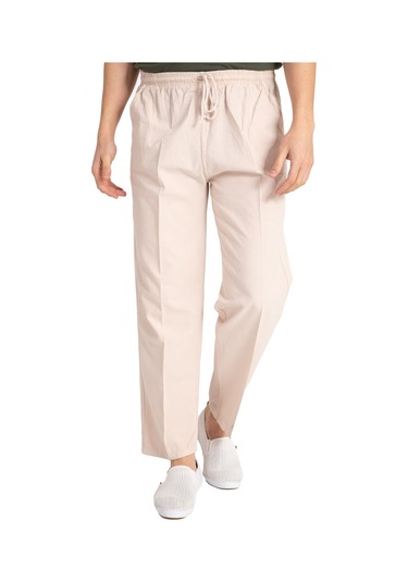 Erkek Ham Bez Lastikli Yüksek Bel Rahat Kalıp %100 Natural Pamuk Eşofman Alt Pantolon Alt Giyim 2188-Krem