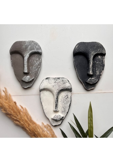 El Yapımı Taş Heykel Soyut Yüz Maske 3'li Set, Modern Beton, Eskitme Taş Görünümlü Duvar Dekor