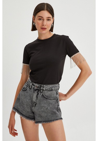 Kadın Kolları Zincir Detaylı Basic T-shirt Siyah