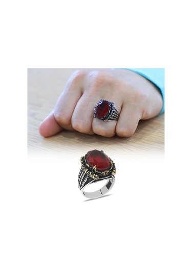 Faset Kırmızı Zirkon Taşlı Otantik Tasarım 925 Ayar Gümüş Erkek Yüzük