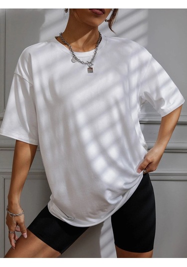 Kadın Beyaz Oversiz Boston Baskılı Örme T-shirt Beyaz-58930