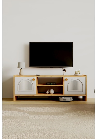 Molde Bohem Tv Sehpası Mdf Membran Kapaklı Raflı Tv Ünitesi Televizyon Sehpası Atlantik Çam - Beyaz