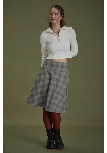 Bohem Tarz Kahve Gri Kareli Kloş Etek 001