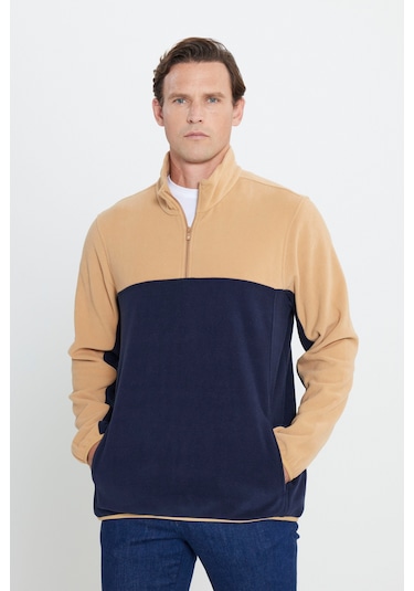 AC&Co / Altınyıldız Classics Erkek Karamel-lacı Standart Fit Dik Yaka İçi Polarlı Çift Renk Polar Sweatshirt Lacivert