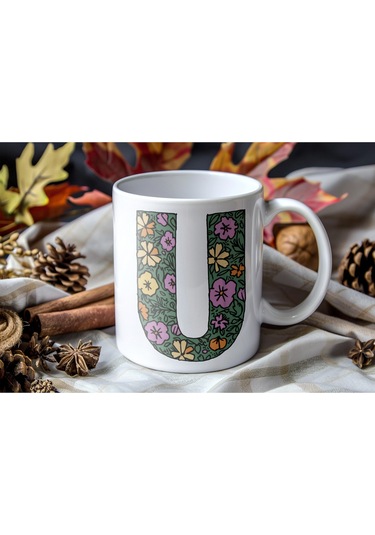 U Baş Harf Çiçek Desenleri İle Natural Tarz Kupa Bardak - Kişiye Özel Çiçekli Kahve Çay Bardak - Beyaz
