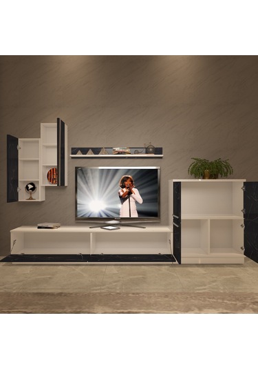 Decoraktiv Eko 6b Mdf Std Tv Ünitesi Tv Sehpası Beyaz - Siyah Mermer