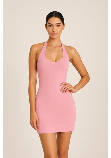 Sırt Dekolteli Mini Elbise Pembe