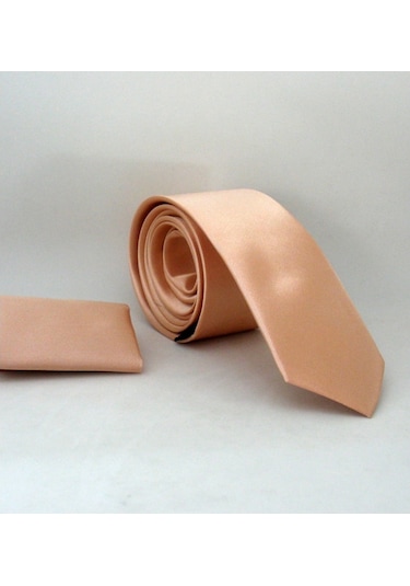 Pudra Slim Fit Düz Renk Mendilli Saten Kravat - SS-38 Pudra