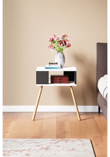 İntergo Ahşap Ayaklı Dekoratif Raflı Komodin  Antarsit Gri - Beyaz