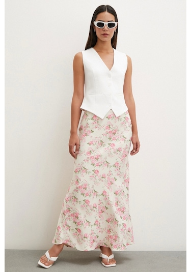 Never More Çiçek Desenli Saten Etek Lila