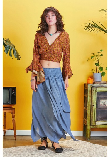 Bohem Tarz Katlı Salaş Beli Lastikli Uzun Etek İndigo