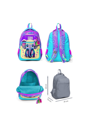 Coral High Pembe Turkuaz Fil Desenli Kız Çocuk Okul Beslenme Kalemlik Ve Bel Çantası Seti - İlkokul İçin Uygun