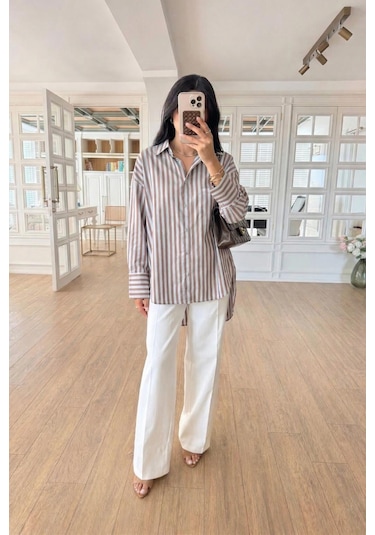 Lijuri Çizgili Oversize Basic Gömlek 3504 Mavi