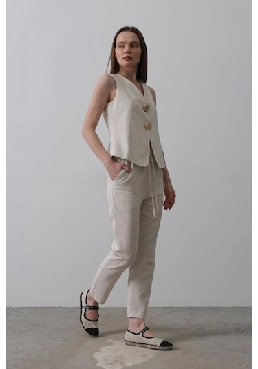 Defymoda Düğme Detaylı Yelek - Krem Krem