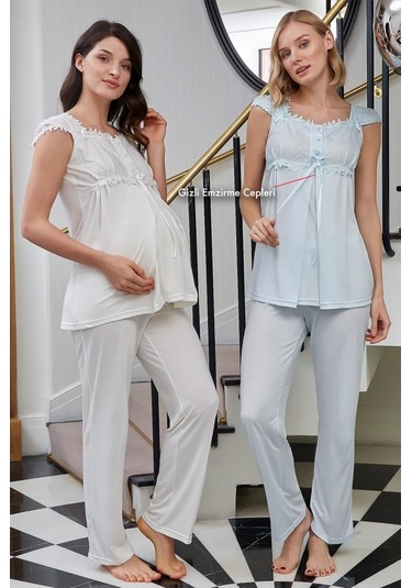 Bone Club 4520 Ekru Hamile Lohusa Dantelli Pijama Takım