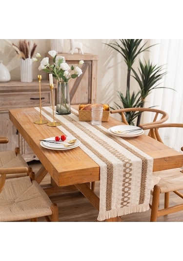 Pamuk Ve Keten Dokuma Blok Renk Püskül Çizgili Eşkenar Dörtgen Masa Runner, Boyut: 30x140cm 2 Kenevir + Elmas Kafes Çok Renkli Çok Renkli