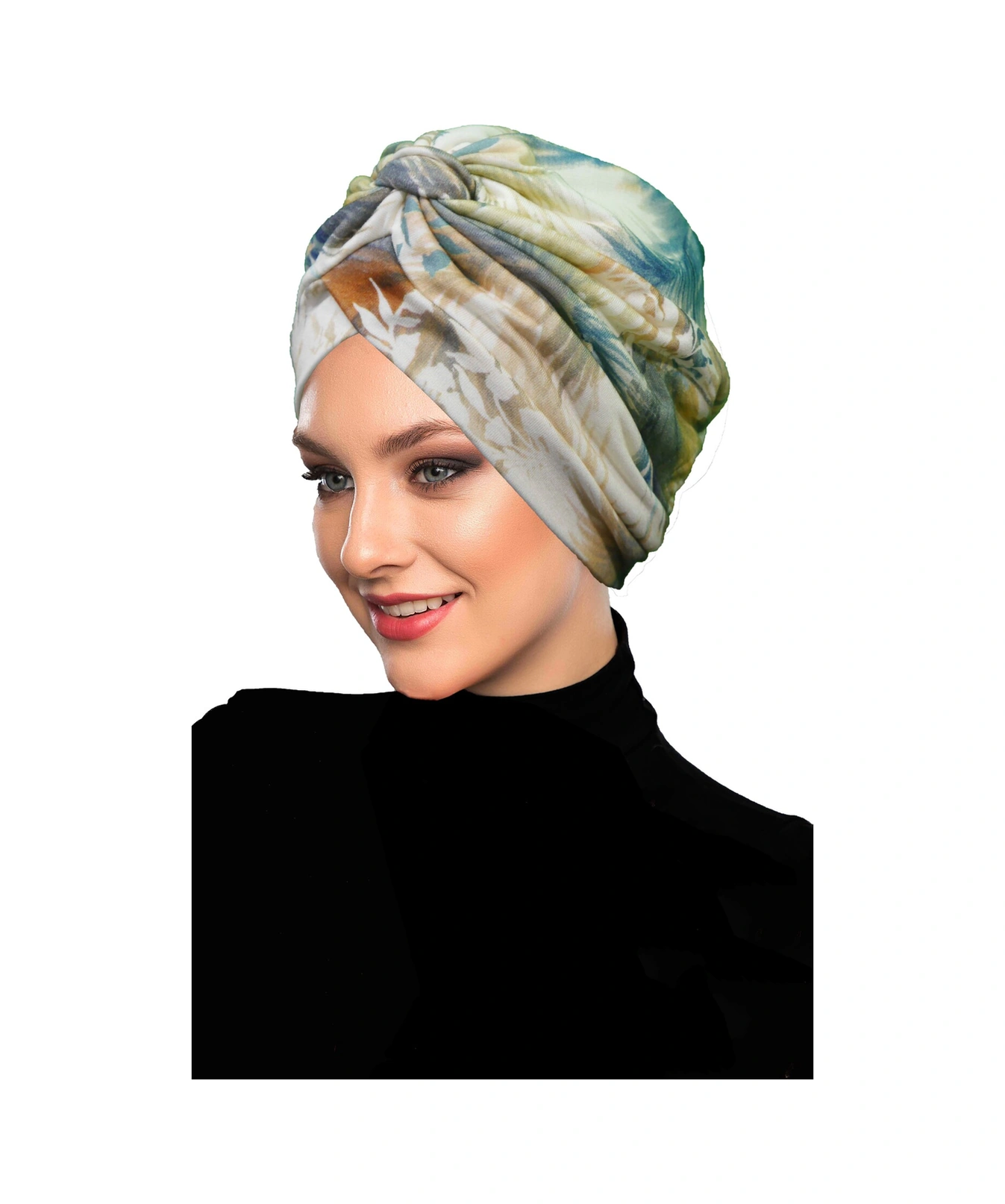 Mira Model Renkli Desenli Çapraz Ve Bant Detaylı Astarlı Hazır Türban Tesettür Havuz Bonesi Bej