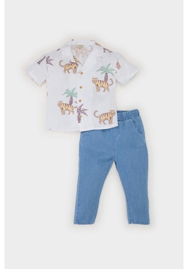 DeFacto Erkek Bebek 2'li Takım Desenli Flamlı Poplin Kısa Kollu Gömlek Beli Lastikli Jean Pantolon E7725A525SPER105 Ekru