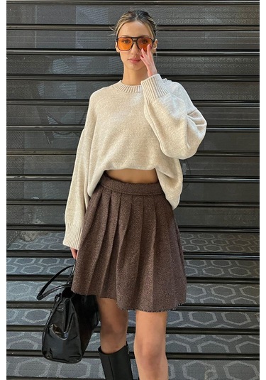 Bej Bisiklet Yaka Oversize Triko Kazak Mg1972 Bej