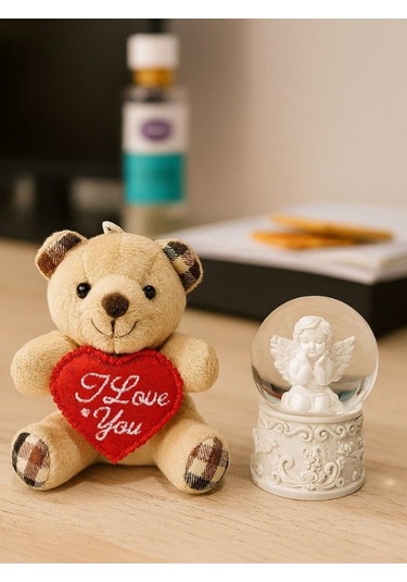 Sevgiliye Eşe Özel Günlere Hediye Sevimli Mini Peluş Ayıcık Ve Mini Melek Kar Küresi Set Bej Rengi Renkli