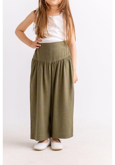 Oliventhekid Korsajlı Büzgülü Keten Kız Çocuk Pantolon Haki Haki