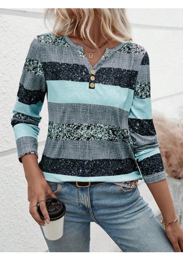 Tua Moda Kadın Uzun Kollu Yakadan Düğmeli Çizgili Desenli Süprem Bluz Mavi