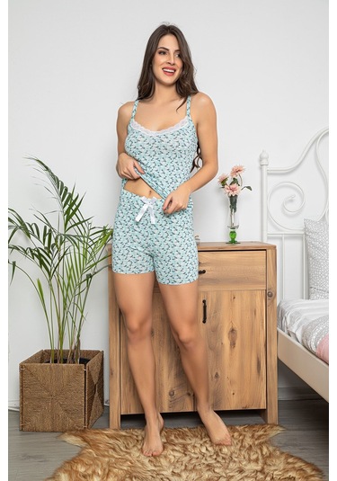 Kadın Çiçek Desenli Dantel Detaylı Şortlu Ve Taytlı Pijama Takımı 3'lü Set 75013 Mint