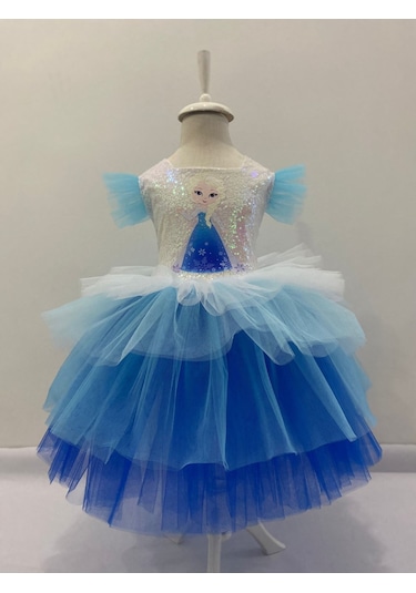 Kara Kedi Kostüm Evi- Baskılı Kısa Elsa Elbise Mavi