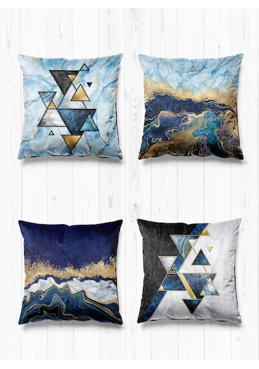 Çift Tarafı Farklı Desenli Süet 4'lü Kırlent Kılıfı-Üçgen Mavi Mermer