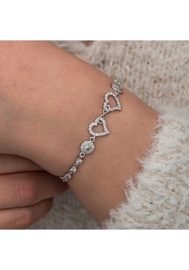 Artsmagazinmücevher Gümüş Sonsuzluk İki Kalp Kadın Bileklik