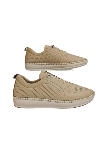 Voyager Z094 Bej Hakiki Deri Lazer İşlemeli Bayan Ayakkabı Bej