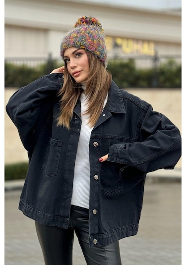 Kadın Siyah Apaş Yaka, Çift Cepli, Kaliteli Jeans Kumaş, Salaş Kot Ceket Siyah