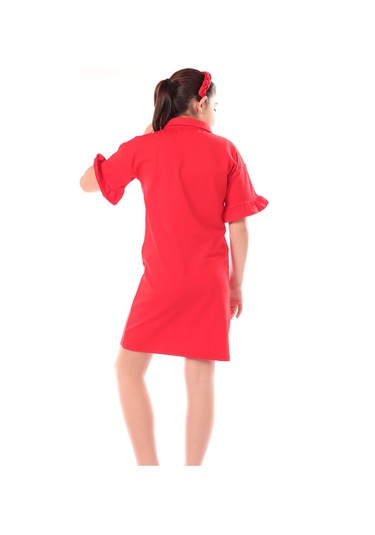 Toontoy Kız Çocuk Yakalı Fermuar Detaylı Perfect Fit Baskılı Elbise Kırmızı