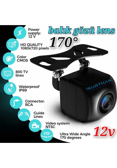 170 Açılı Balık Gözü Lens Ön Yan Arka Kullanıma Uyumlu 12 Volt