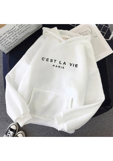 Yeşil Uzun Kollu Ön Cep İpli Polar Astar Svetşört Sonbahar Kış Mektup Baskılı Gevşek Kadın Kazak Streetwear Yeşil