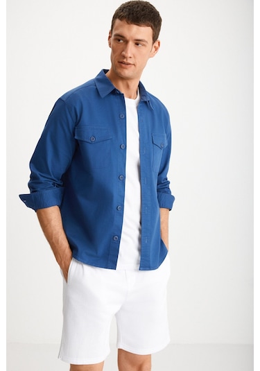 GRIMELANGE Nader Erkek Kalın Dokuma Kanvas Kumaşlı Gömlek Tipi Mavi Ceket Mavi