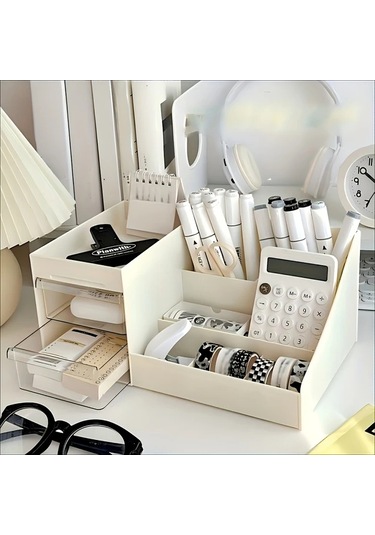 Cordial Beyaz Masaüstü Organizer: 2 Çekmeceli, Hesaplayıcı Yuvalı, Dayanıklı & Kompakt Beyaz
