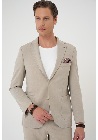 Comfort Fit Torba Cep Dokulu Esnek Pamuk Casual Bej Ceket C 676 Bej