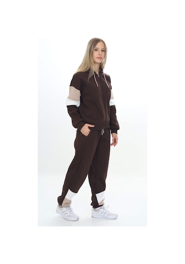 Toontoy Kız Çocuk Kapüşonlu Fermuarlı Garni Detaylı Eşofman Takım Kahverengi