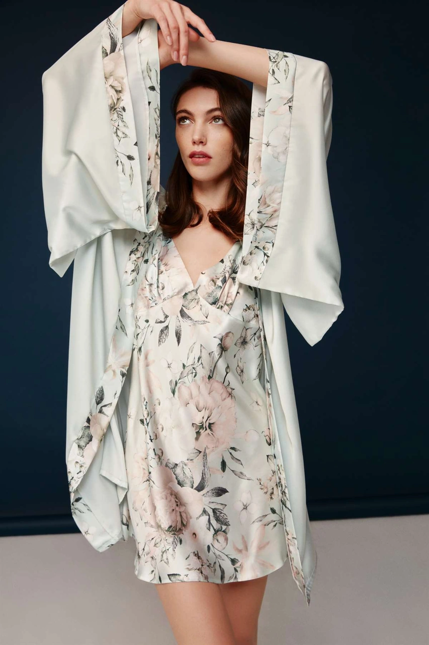 Bonnie&clyde - Kadın Baskılı Saten Gecelik Sabahlık Takımı Baskılı