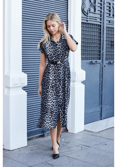 Kadın Desenli Yakalı Düşük Omuzlu Duble Kol Kemerli Midi Boy Elbise Deri Kemer Dahil -antrasit Leopar Antrasit Leopar