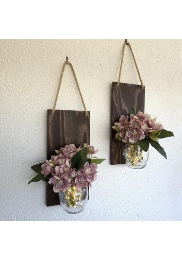 Led Işıklı, Kahve Yasemin Çiçekli Duvar Dekoru Ceviz İkili Set Ceviz