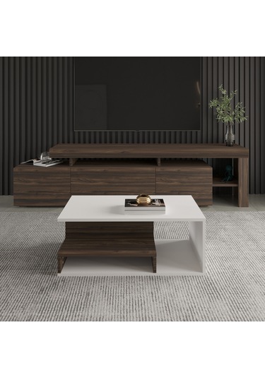 Vera Mini Orta Sehpa Modern Tasarım, Fonksiyonel Raflı Yap Beyaz/ceviz