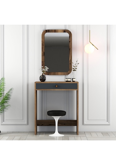 Lizbon Mini Makyaj Masası Aynalı - Ceviz / Antrasit