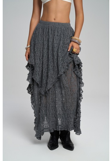 Mireya Asimetrik Antrasit Dantel Etek Antrasit