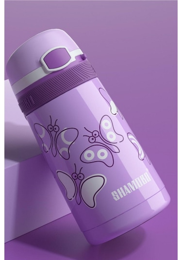 Shamobo 350 Ml Paslanmaz Çelik Pipetli Termos - Çocuk Termosu 6 Saate Kadar Isı Yalıtımı Mor