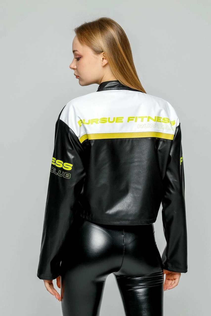 Kadın Oversize Baskılı Deri Şeritli Motorcu Montu Kısa Fermuarlı Yarışçı Ceketi Bomber Kolej Mont Sarı