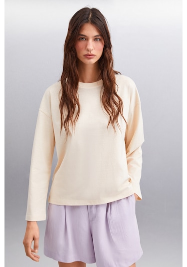 Basıl Kadın Oversize %100 Organik Pamuk Örme Uzun Kol Bej T-shirt