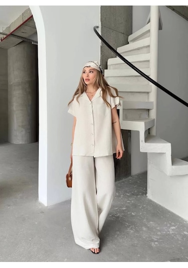 Keten Kısa Kollu Cepli Gömlek Pantolon İkili Takım - Beyaz Beyaz